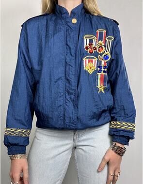 VTG 90s Lavon Nylon Wind Breaker Jacket full zip colorful military Medals Size S